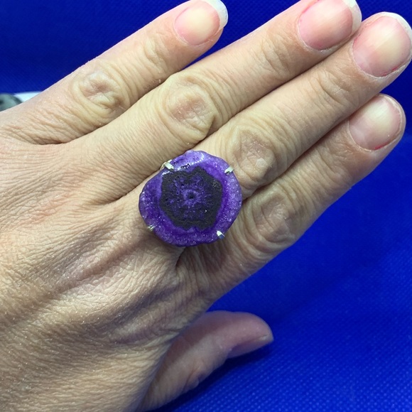 Rustic Cut Deep Purple Solar Agate Ring! .925 Sterling Silver Plated, Size 8 - Picture 6 of 10